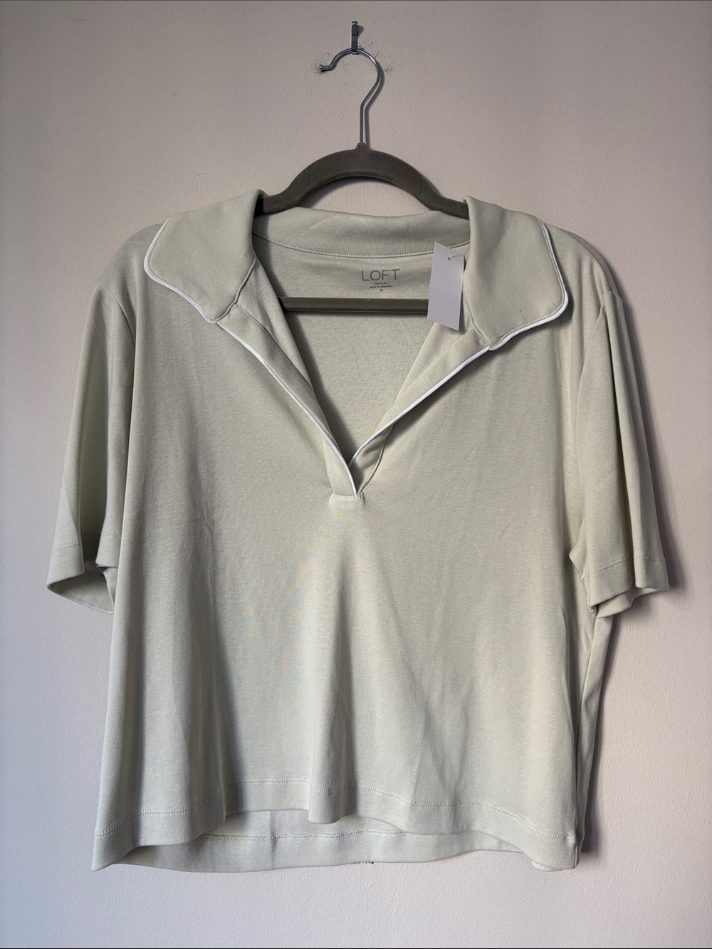 LOFT Sage Green Short Sleeve Polo-Style Top with White Piping